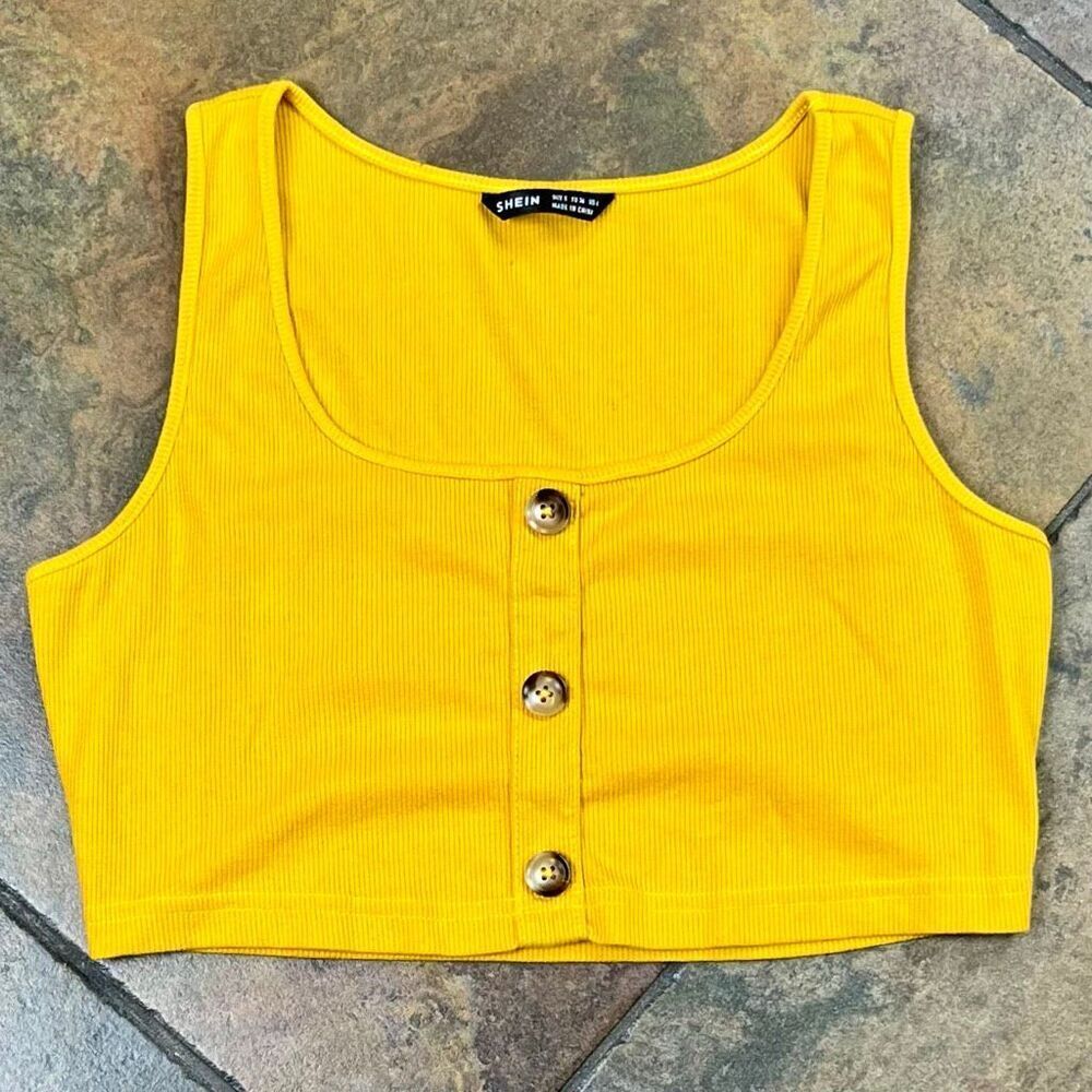 Shein Mustard Yellow Ribbed Button-Front Crop Top Small - Picture 3 of 10